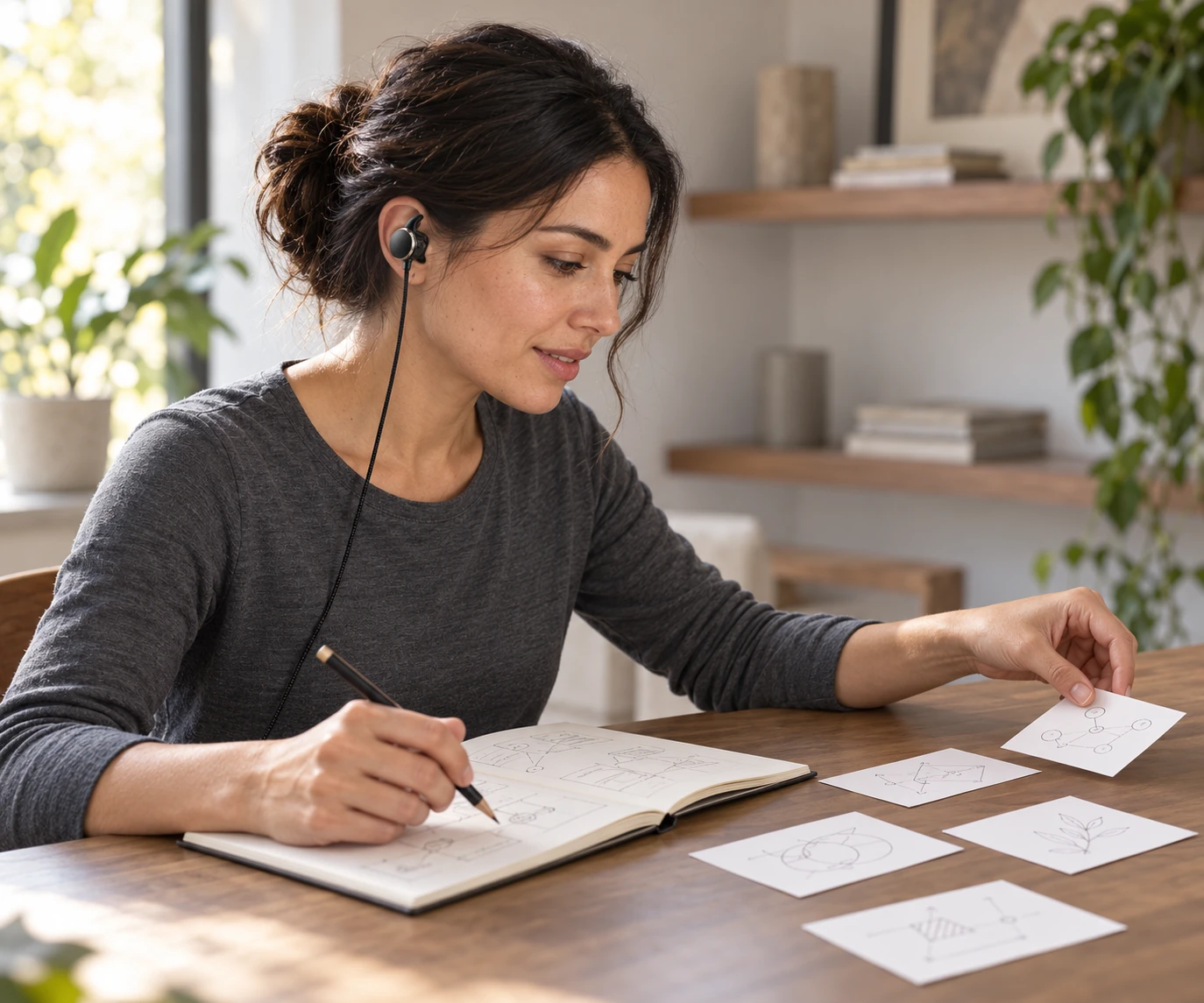 A woman wearing cymba earbuds sketches ideas in a notebook and arranges diagrams on a wooden desk.