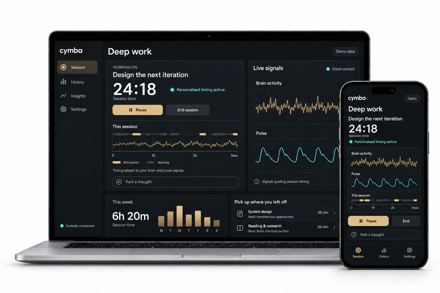 cymba app concept on a laptop and phone, showing a work session timer, brain and pulse signals, stimulation activity and recent sessions.