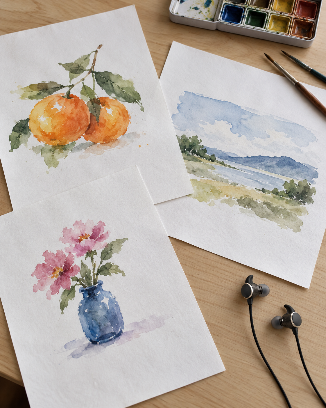 Simple colourful watercolours of oranges, a landscape and flowers on loose A4 sheets scattered across a wooden desk, with brushes, paints and small CYMBA One earbuds.
