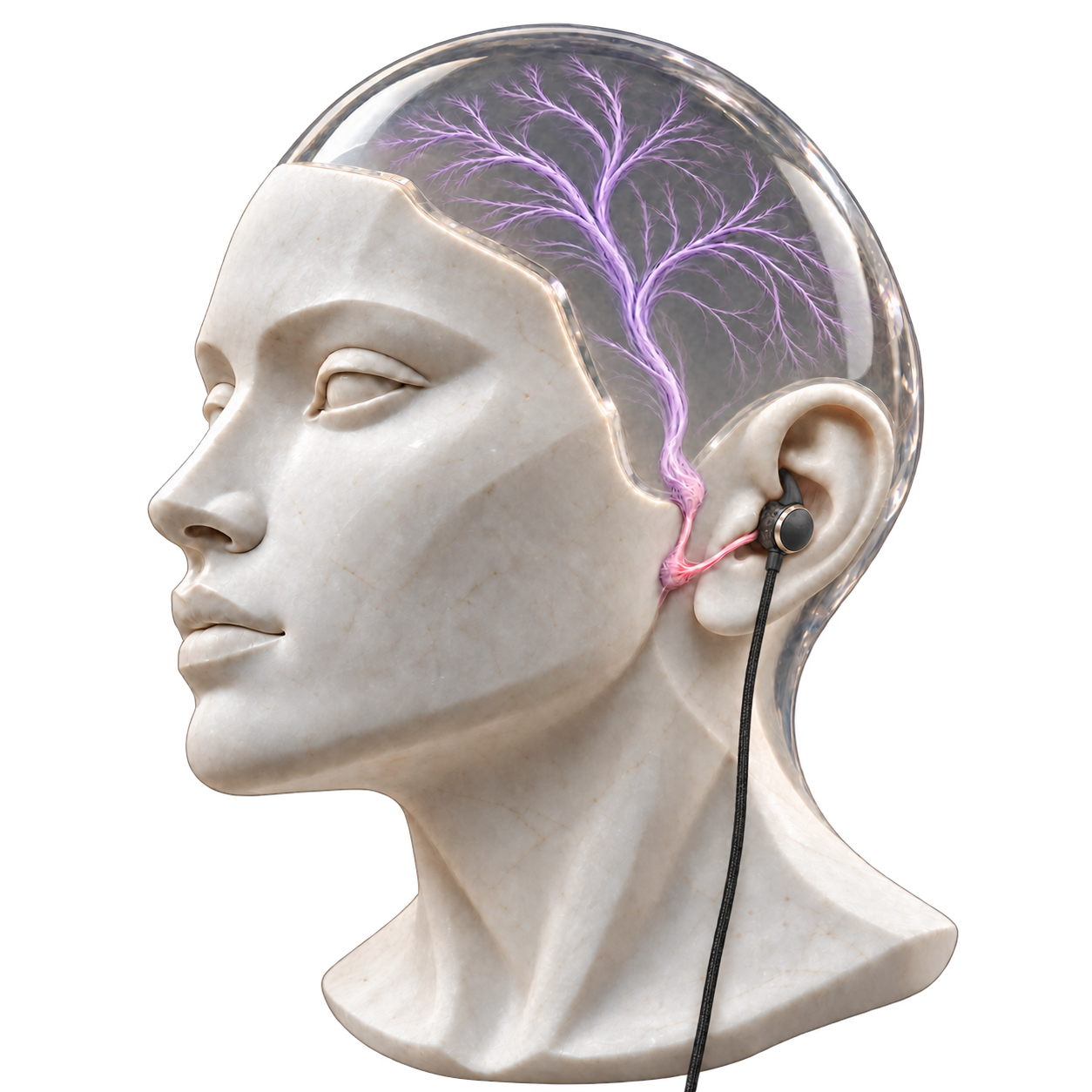 A white stone sculpture wearing a CYMBA One wired earbud, with a transparent back showing a pink pathway from the ear connecting to branching purple fibres inside the head. A simplified illustration of the proposed signalling pathway.